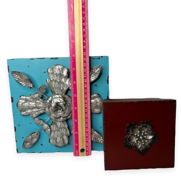 Weathered Decorative‎ Boxes Teal Red Embellished Shabby Chic Rustic Lot of Two - Picture 7 of 12